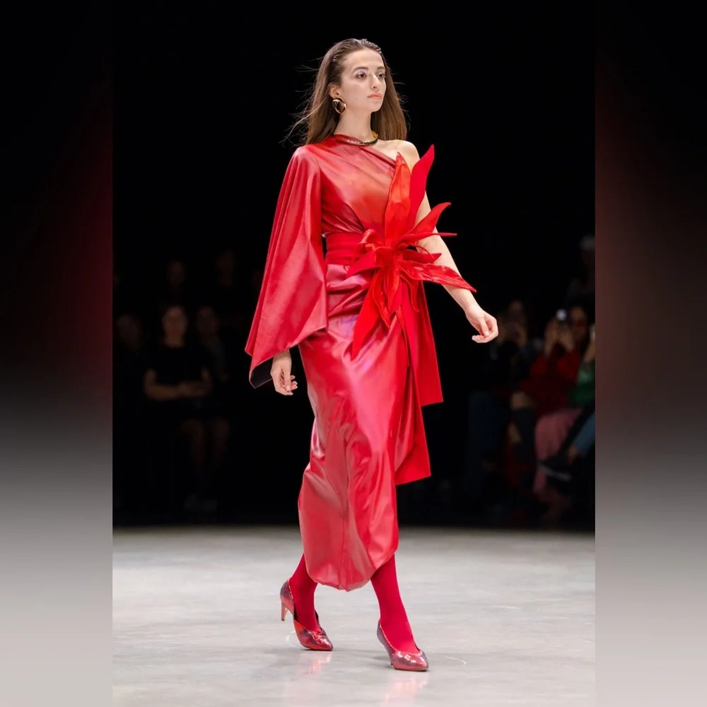 Julia Allert Red Soft Faux Leather Midi Dress